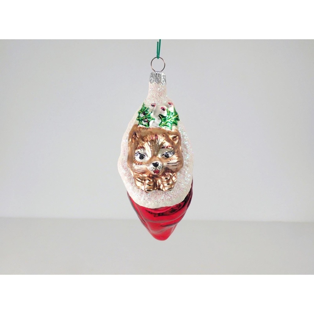 Christopher Radko 1995 Purrfect Present Cat In Stocking Glass Christmas Ornament